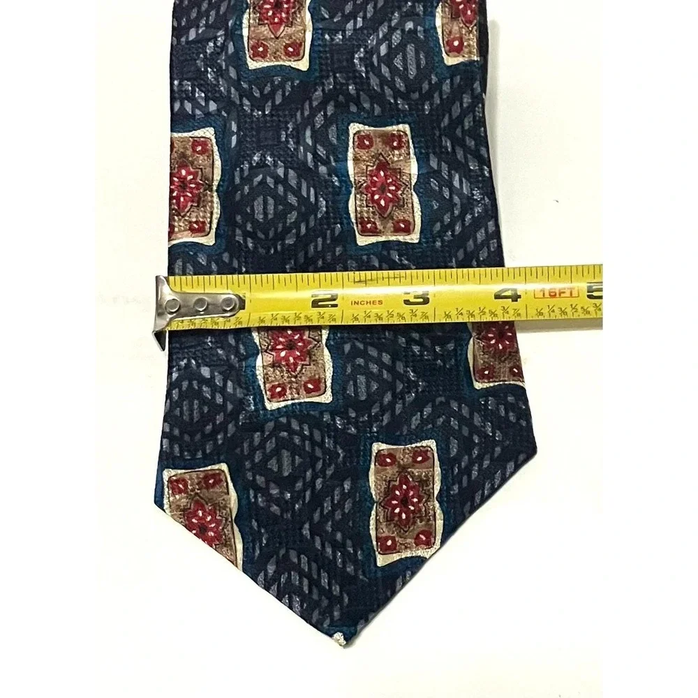 VTG  Spencer & Lowe Mens Silk Necktie Geometric Tile Blue Red Gold Floral Framed